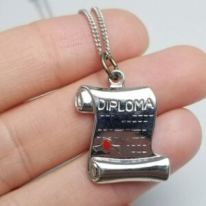 Vintage Diploma Charm Pendant Necklace, Sterling Silver, Graduation Graduate